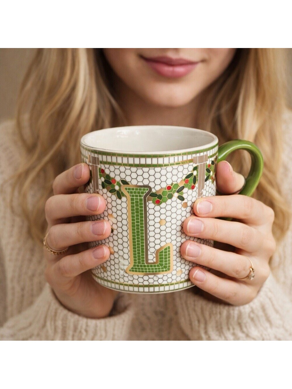 Anthropologie Festive Bistro Tile Monogram Mug Winter Holiday Letter L